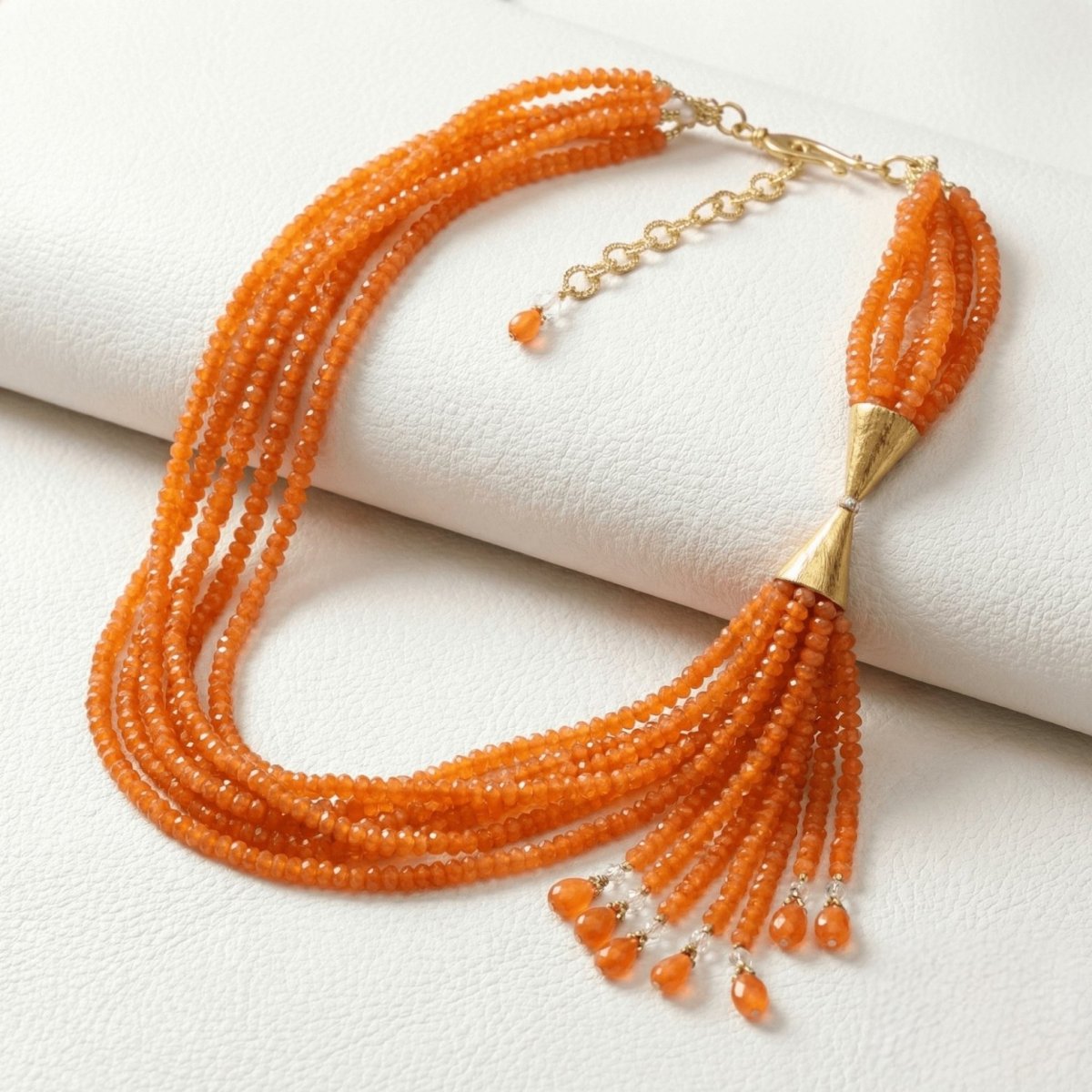 Multi-Strand Orange Carnelian Beaded Necklace with Gold-Tone Tassel Accent - Thumbnail 3