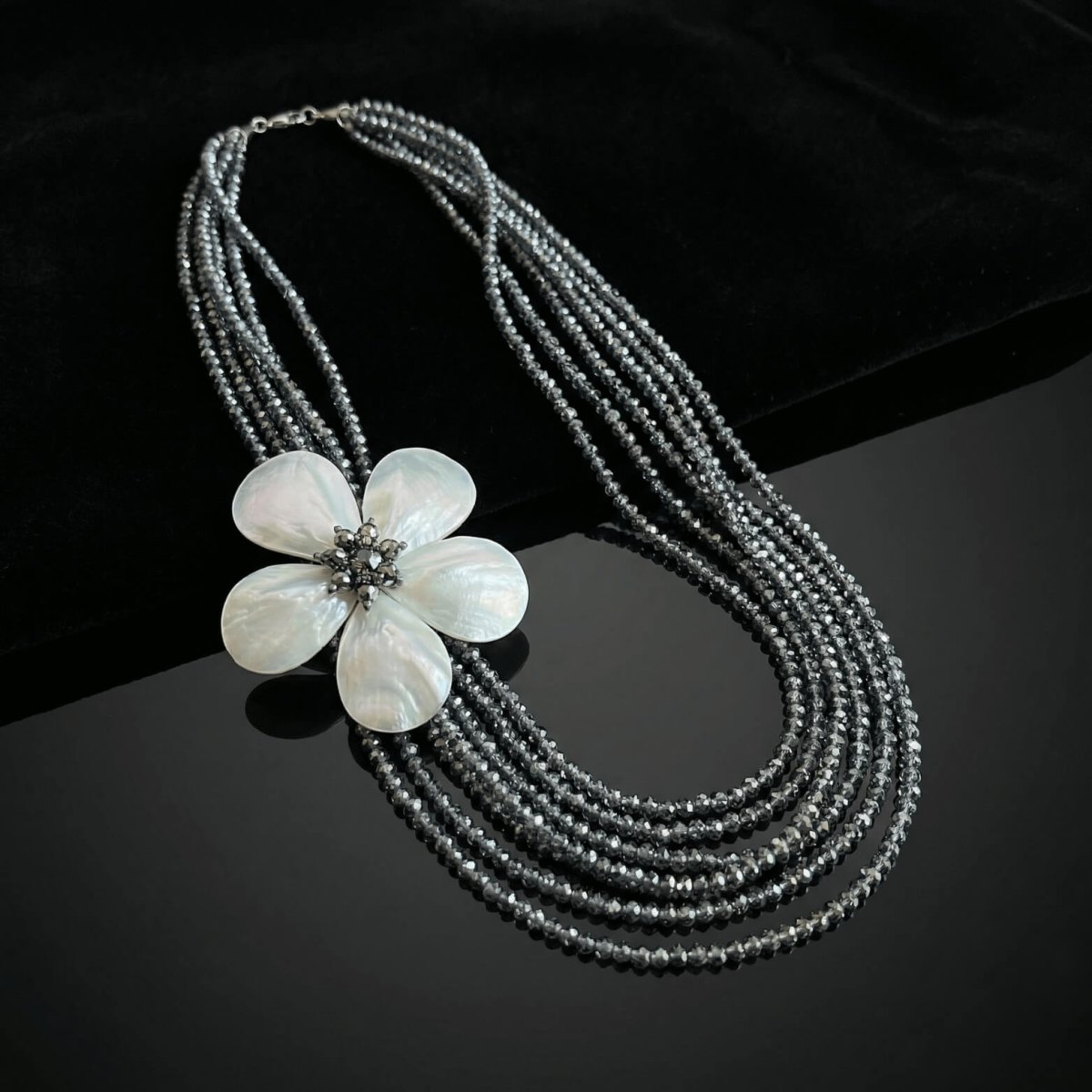 Silver Faceted Multi Strand Necklace with Mother of Pearl Flower Pendant - Thumbnail 2