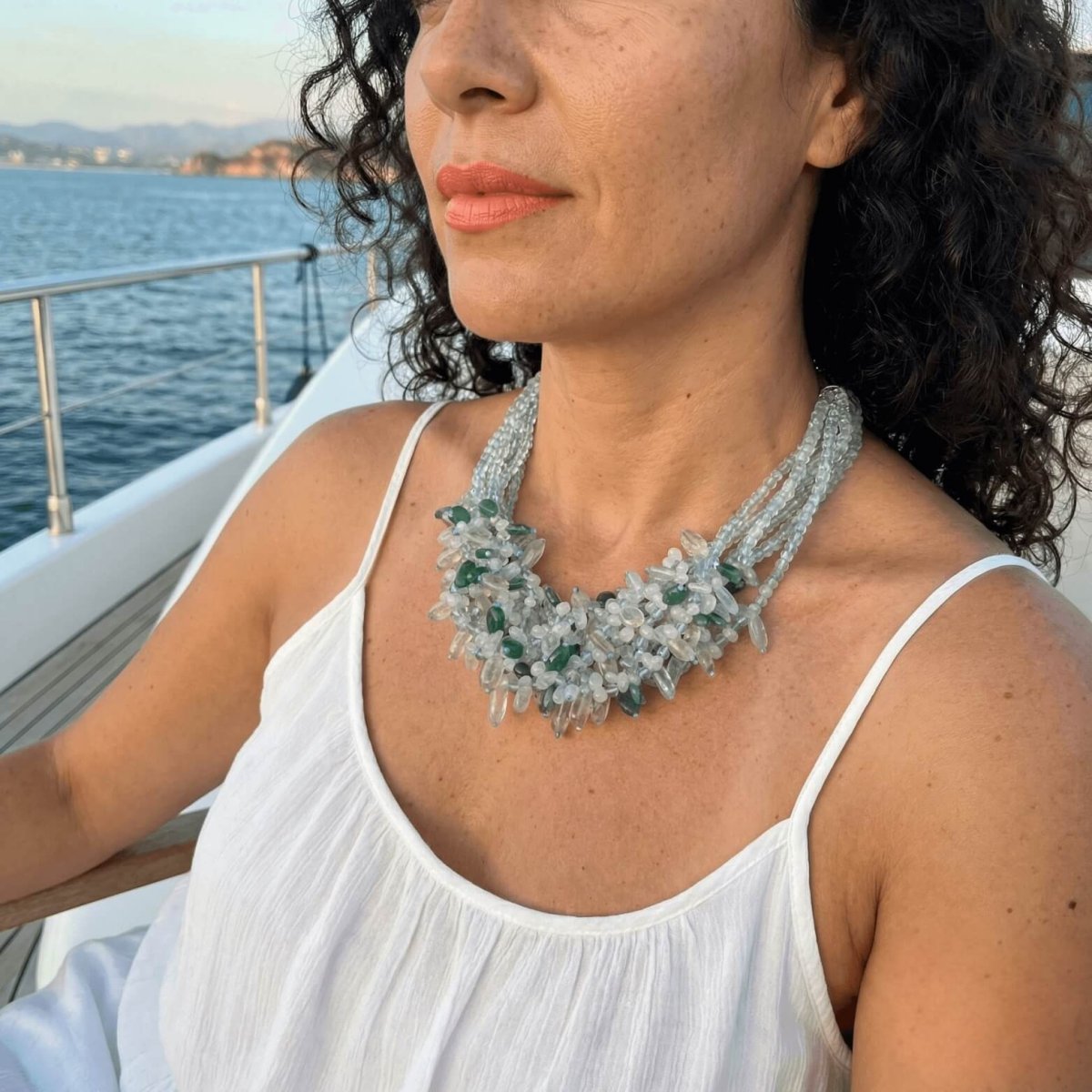 Aquamarine, Milky Quartz & Green Aventurine Statement Necklace