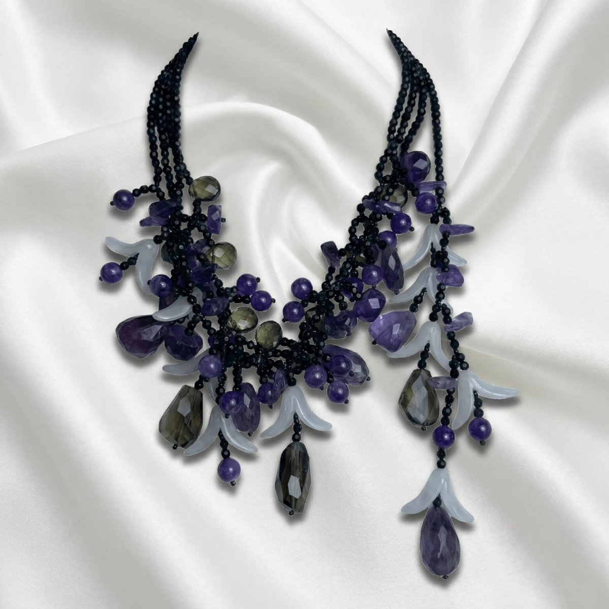 Amethyst, Smoky Quartz and Gray Chalcedony Statement Necklace - Thumbnail 2