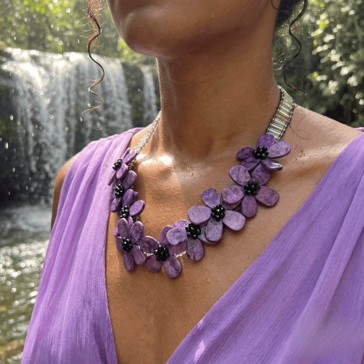Black Onyx and Purple Flower Necklace