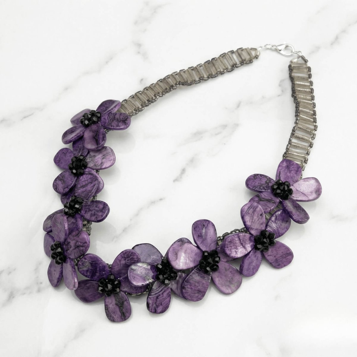 Black Onyx and Purple Flower Necklace - Thumbnail 3