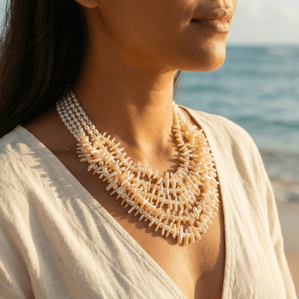 Pink Pearl and Pink Stick Pearl Necklace - Thumbnail 2