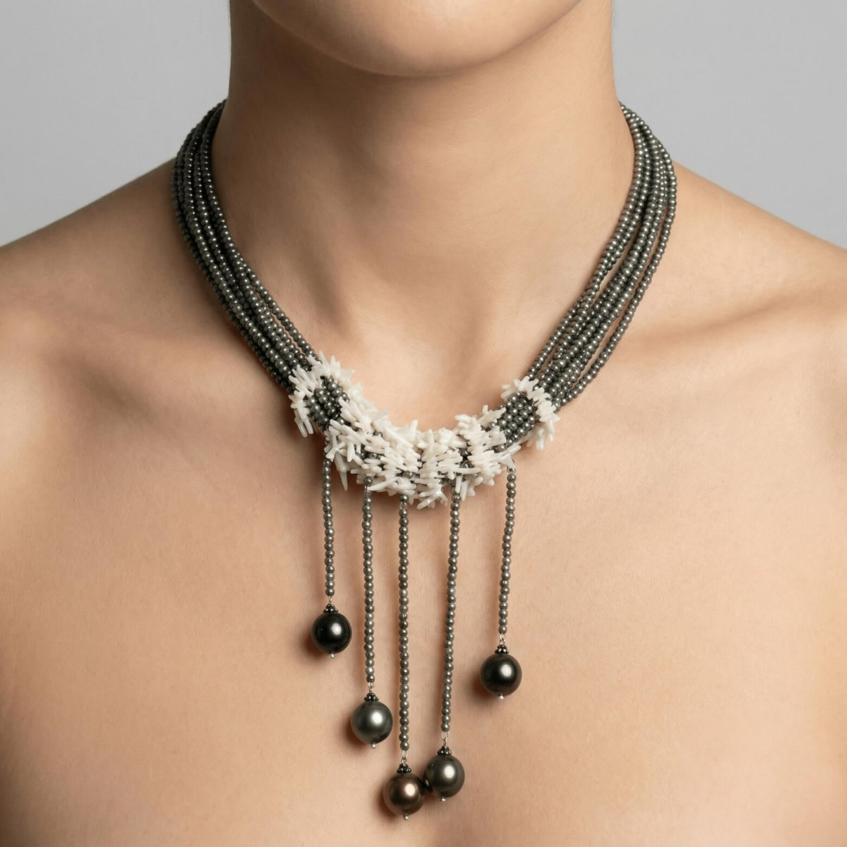 Blue Pearl and White Stick Coral Necklace - Thumbnail 2