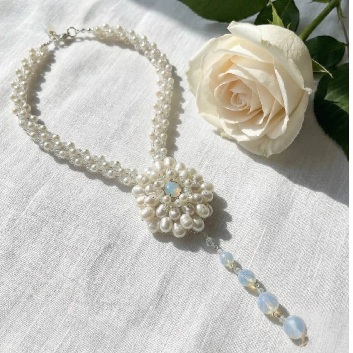 Pearl with Moonstone Dangle Necklace - Thumbnail 2