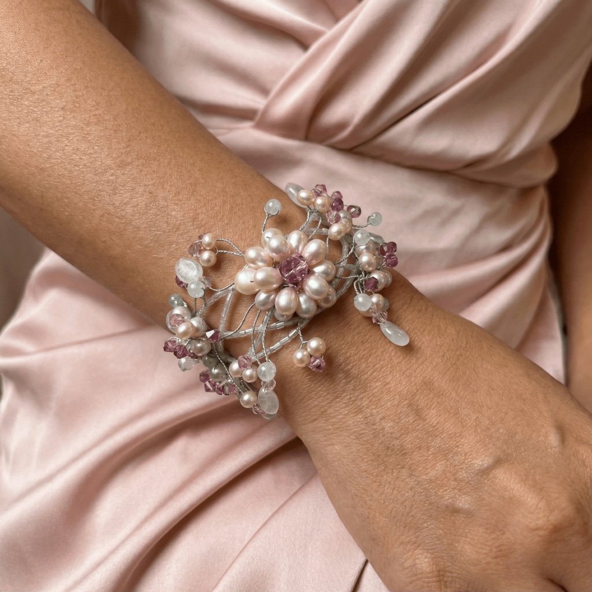 Freshwater Pearl Floral Cuff Bracelet with Rose Quartz and Pink Crystal Accents