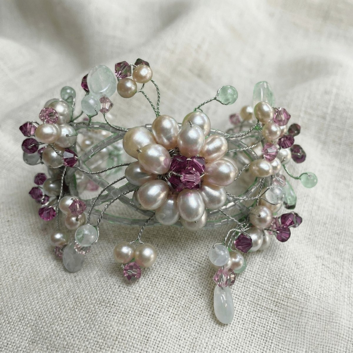 Freshwater Pearl Floral Cuff Bracelet with Rose Quartz and Pink Crystal Accents - Thumbnail 2